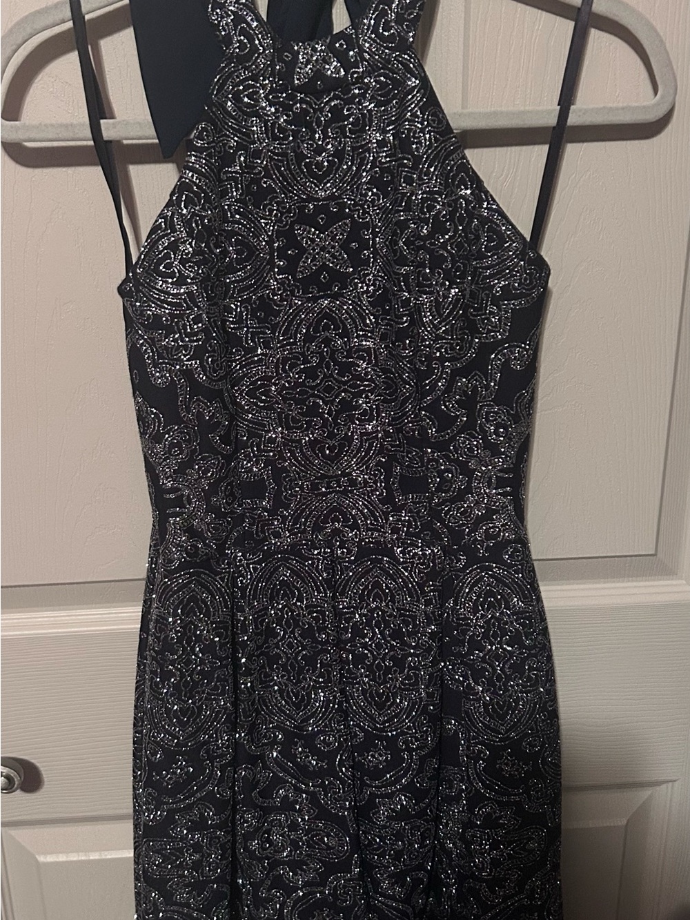 B. Darlin Navy Blue Glitter Dress with Halter Tie Neck